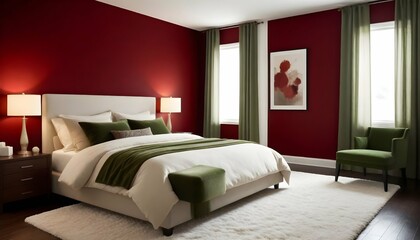 Create a cozy and inviting bedroom with a touch of modern elegance. Incorporate warm earth tones such as rich red, creamy beiges, and soft greens. Mix different textures like plush velvet, circuit boa