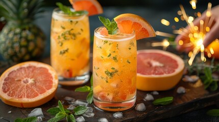  grapefruit slice suspended, mint sprig peeks in