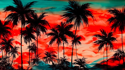 Fototapeta na wymiar Travel beach sunset illustration. Tropical Watercolor Silhouette Palm Trees. Landscape with Stormy Sky. Exotic Vacation Holiday Art. Brush strokes, paint wash, hand painted, red, black, turquoise, 