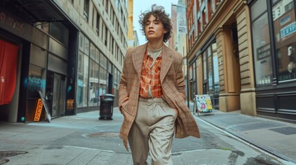 a model confidently strutting down a city street  their outfit defying traditional gender norms and expressing their individual style - obrazy, fototapety, plakaty