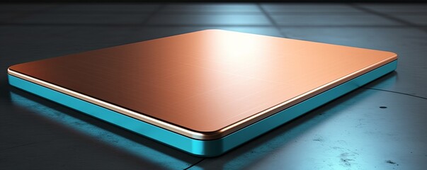Turquoise large metal plate with rounded corners is mounted on the wall. It is a 3d rendering of a blank metallic signboard