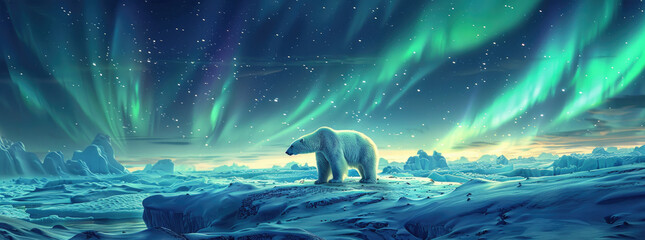 In the icy tundra, a polar bear roams across a frozen landscape under the dancing northern lights swirling in the night sky The snow-covered plains stretch endlessly
