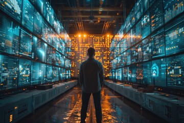 Managers in a control room overseeing the supply chain operations of the warehouse, utilizing AI analytics to optimize inventory levels, streamline logistics, and minimize costs - obrazy, fototapety, plakaty