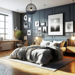 Free Photo Realistic bright modern double bedroom with furniture generative Ai