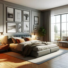 Free Photo Realistic bright modern double bedroom with furniture generative Ai