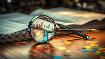 generated illustration magnifying glass search of investing and stock market over a graph chart