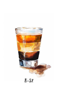 Watercolor illustration of a B-52 layered cocktail shot