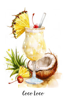 Watercolor illustration of Coco Loco cocktail  isolated on white