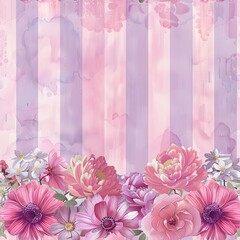 pink stripes and purple striped floral background with flowers seamless