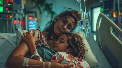 Mother and Daughter in Hospital. A tender moment between a mother and her sick daughter in a hospital room, their bond transcending the clinical setting. - obrazy, fototapety, plakaty