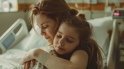 Mother's love and reassurance to her sick daughter in a hospital room. - obrazy, fototapety, plakaty