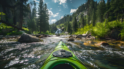 A kayak is in the middle of a river with trees in the background. The water is calm and the kayak is green - obrazy, fototapety, plakaty