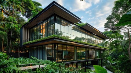 Fototapeta na wymiar Sustainable Architecture. Eco-friendly Glass Building Blends with Nature