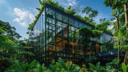 Sustainable glass building blending with nature, showcasing eco-friendly design against lush greenery.