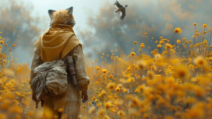 Enchanted fox traveler in misty meadow: 3d illustration of a humanoid fox character journeying through a magical, foggy field with flowers and a flying bird - obrazy, fototapety, plakaty