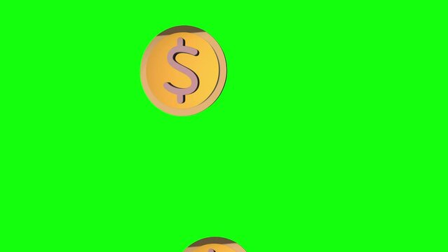 Coins with dollar sign falling from top to bottom on green background. Animation with 3D objects