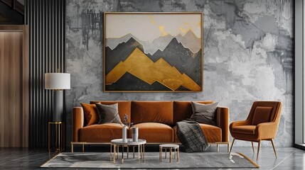 Golden Mountain Range Artwork. Luxurious and elegant artwork adorned with a golden mountain range illustration, adding a touch of opulence to any setting.