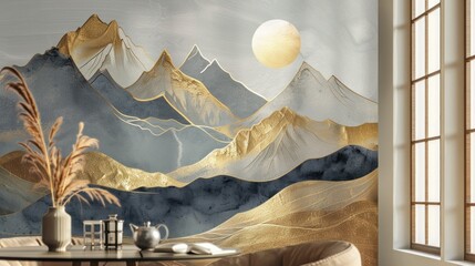 Luxury Wall Art. Golden Mountain Range Illustration Exuding Opulence