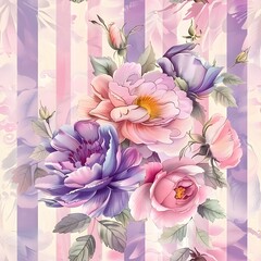 pink stripes and purple striped floral background with flowers seamless