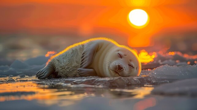   A seal rests atop tranquil water, sunset backdrop featuring vibrant orange and yellow hues