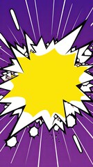 Violet background with a white blank space in the middle depicting a cartoon explosion with yellow rays and stars