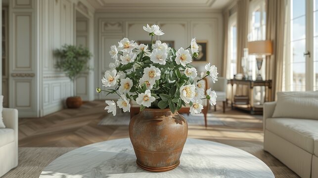   A vase, brimming with white flowers, atop a table before a couch in a living room