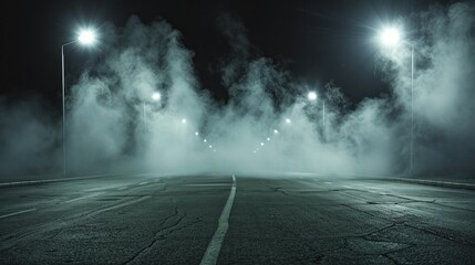 A dark street stretches into the distance, its asphalt surface illuminated by the glow of streetlights.
