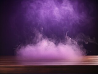 violet background with a wooden table and smoke. Space for product presentation, studio shot