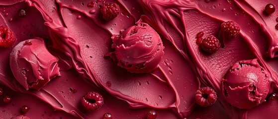 Top view of red sorbet made with berries in a red surface with a big space for text or product advertisement, Generative AI. - obrazy, fototapety, plakaty