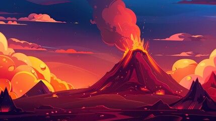 A vibrant illustration of an erupting volcano at sunset