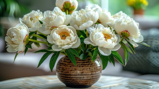   A table holds a vase with white blooms, alongside sits another vase, its contents a mix of green and white flowers