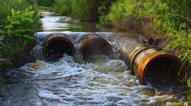 Industrial Pollution. Environmental Degradation - A grim scene of wastewater pouring from pipes into rivers and seas, emphasizing the need for conservation initiatives and