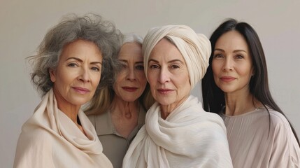 Empowering Self-Care - Middle-aged women practicing beauty routines and skincare in natural tones. - obrazy, fototapety, plakaty