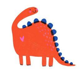 Cute Red Dinosaur. Funny Brontosaurus with Pink Heart. Simple Nursery Art with Red Dragon. Hand Drawn Dino on a White Background Ideal for Card, Wall Art, Poster. Prehistoric Animal.  - 785584239