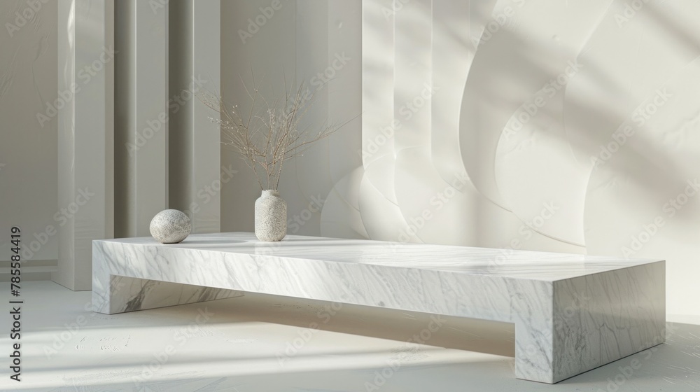 Poster premium product display - an empty stone stand on a white marble table offers a refined setting for 