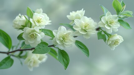   A tree branch displaying white blossoms against a backdrop of lush green leaves, contrasting with a blue sky