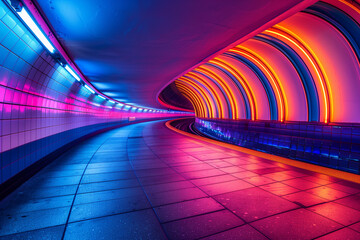 A high-tech subway station with platforms illuminated by lines of changing LED colors