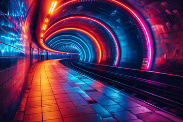 A high-tech subway station with platforms illuminated by lines of changing LED colors