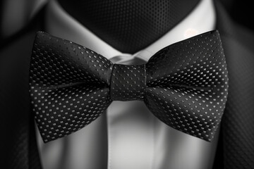 A closeup vivew of a bow tie on white shirt