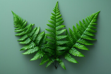 Minimalist bright green fern leafs on a soft green background.