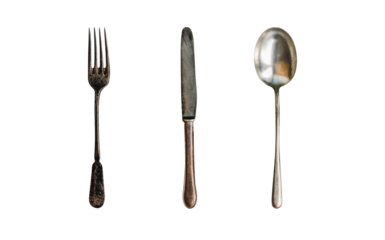 Set of antique spoon, fork and knife. Isolated transparent PNG background cutout. Stainless steel. Metallic. Metal, Silver. Aluminium.