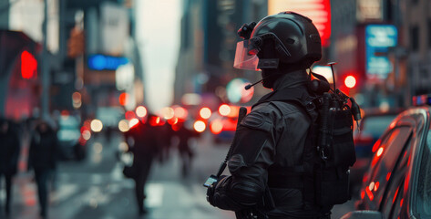 Urban surveillance, advanced drone technology monitoring crowd control by vigilant police officer.