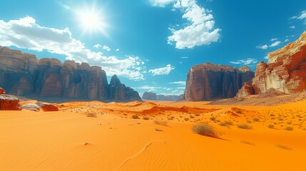 Fototapeta premium Rocks and sand in foreground, bright blue sky with clouds in background