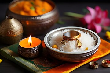 On Indian celebrations, a traditional Thali puja is performed with marigolds, a lit candle, incense, and bokeh.decorated with donations for Diwali puja thali ,spa still life