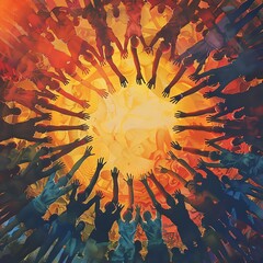 A group of people of different colors reaching their hands up in a circle.