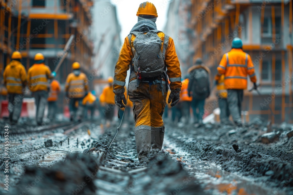 Poster dynamic shot of a construction worker in action, walking through the muddy and challenging terrain o