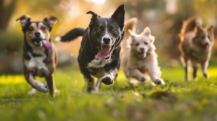 Playful Pets in the Fields - Dogs and cats enjoying a joyous romp in the fields with a blurred background. - obrazy, fototapety, plakaty