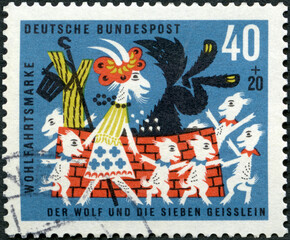GERMANY - 1963: shows Scene from fairy tale The Wolf and the Seven Kids, Grimm Brothers, 1963