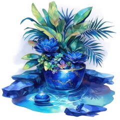Lush Lapis Lazuli Luau Vibrant Tropical Foliage in Gemstone Hued Vase by Lagoon - obrazy, fototapety, plakaty
