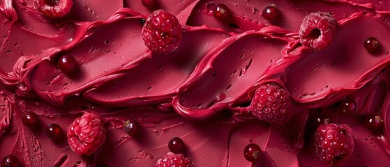 Top view of red sorbet made with berries in a red surface with a big space for text or product advertisement, Generative AI.